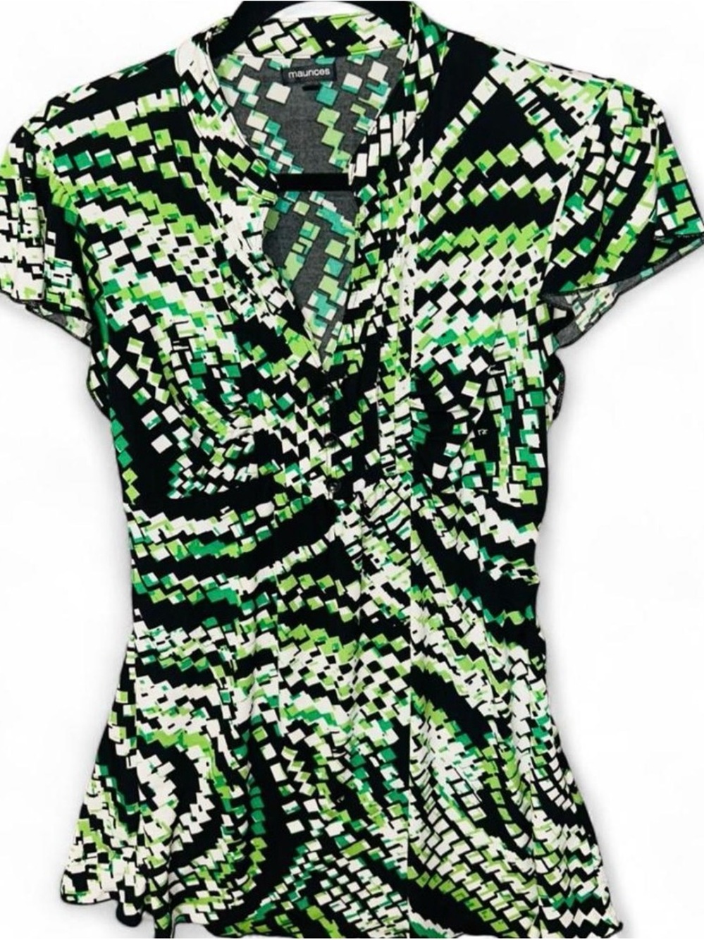 Maurices Black, White & Green Geometric V-Neck Ruffle Top
